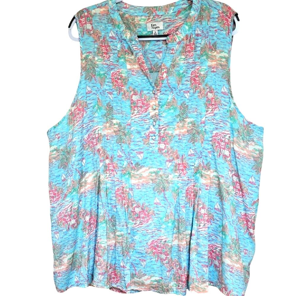 Karen Scott Sz 3X Aqua Blue V-Neck Sleeveless Beachy Coastal Sailboat Summer Top